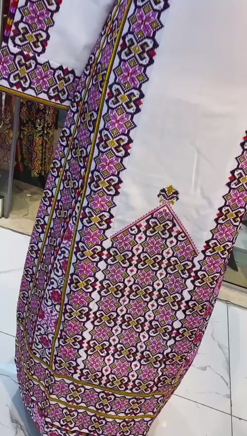 White Thoub Multicolor Embroidered Palestinian Fellahi Thobe