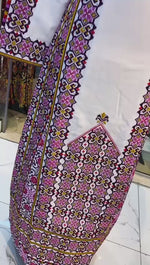 Load and play video in Gallery viewer, White Thoub Multicolor Embroidered Palestinian Fellahi Thobe
