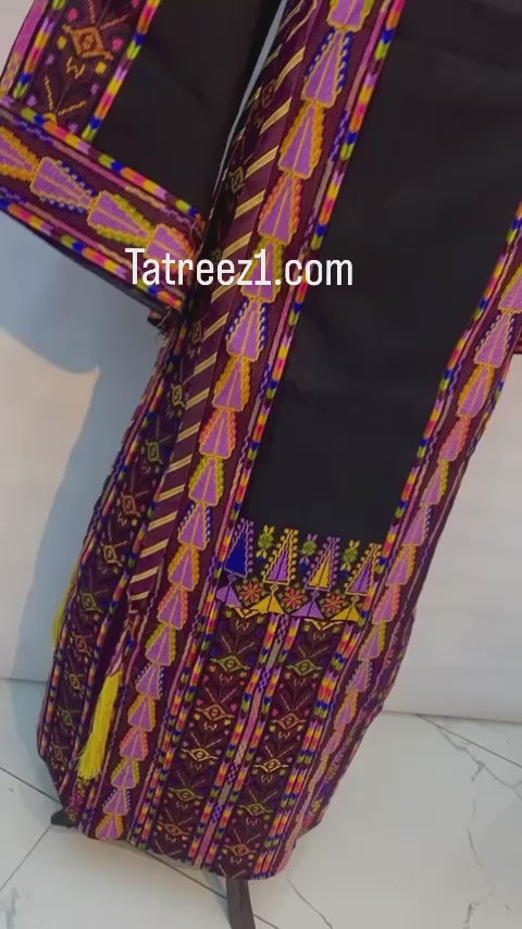 Black Etameen Purple Embroidered Palestinian Fellahi Thobe With Kashmir belt