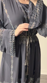 Load and play video in Gallery viewer, Grey Made in dubai abaya With Silver Stone All over
