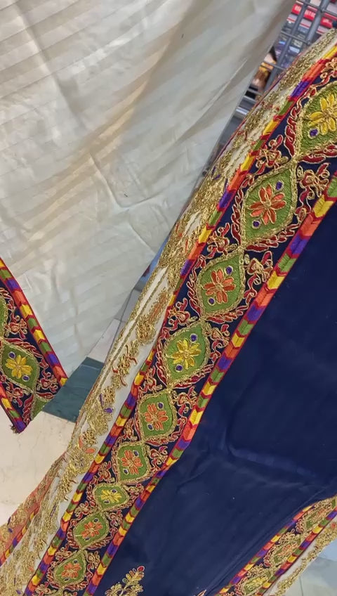 Blue with Gold Qasab Embroidered Striped Palestinian Fellahi Thobe