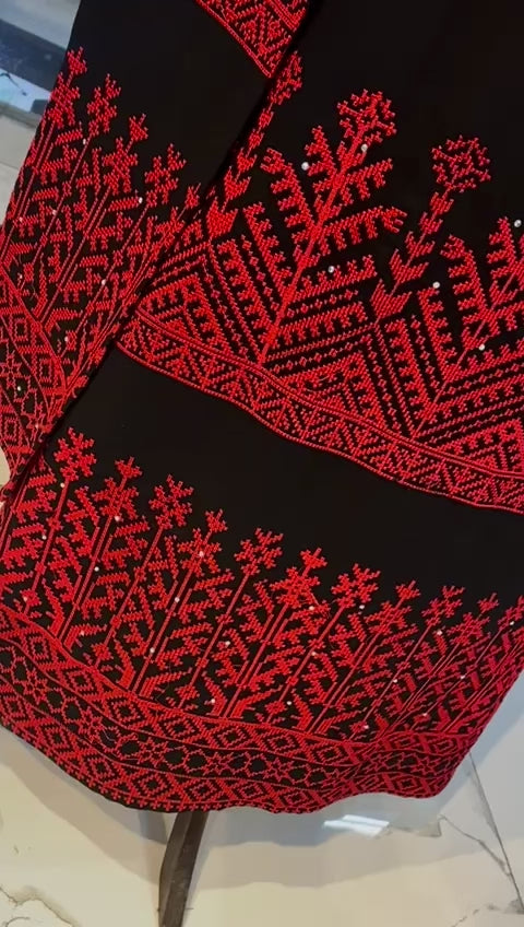 Fully Embroidery Jordanian Palestinian Red  Dress stone all over