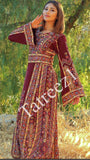 Elegant Burgundy Palestinian Embroidered Rhinestones Henna Thobe Dress - Tatreez1