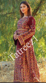 Load image into Gallery viewer, Elegant Burgundy Palestinian Embroidered Rhinestones Henna Thobe Dress - Tatreez1
