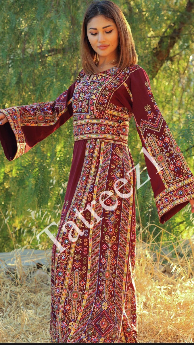 Maroon Elegant Palestinian Embroidered Rhinestones Henna Thobe Dress ...