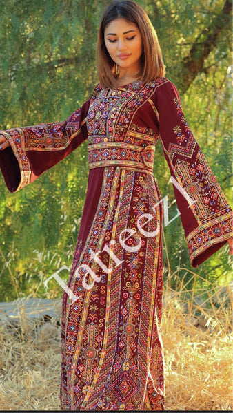 Maroon Elegant Palestinian Embroidered Rhinestones Henna Thobe Dress Maroon Elegant Palestinian Embroidered Rhinestones Henna Thobe Dress