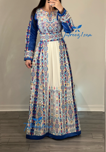 Blue Malacca Delicate Stone Embroidery Thobe with Reversible Satin Belt