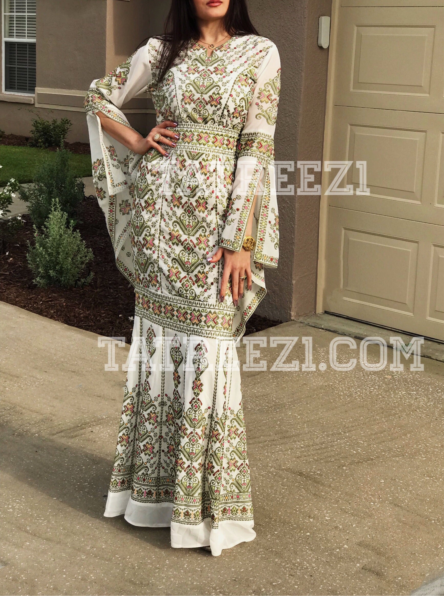 Miss Princess Off White With Green Embroidery Long Thoub Dress