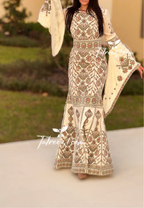 Cream Luxury Mermaid Green Embroidery Velvet Thoub