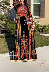 The New Black Velvet Malacca Embroidered Palestinian Fellahi Thobe