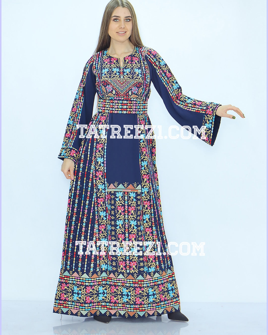 Multicolor Blue Embroidered Jordanian Palestinian Thoub Dress