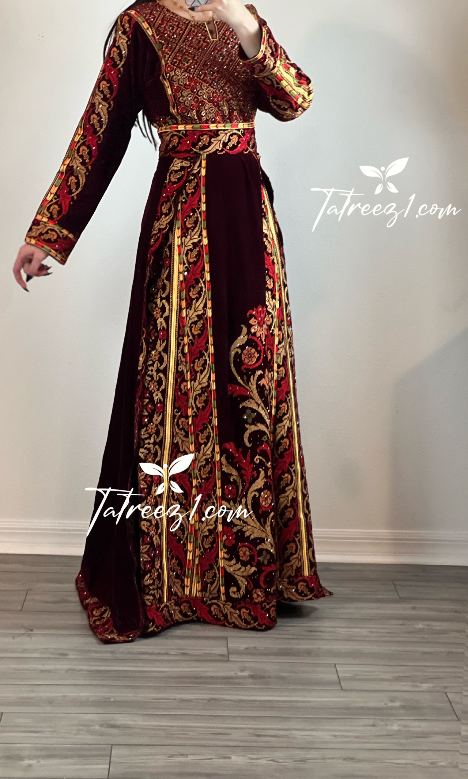 Maroon Stunning Velvet Thoub With Removable Skirt
