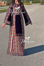 Load image into Gallery viewer, Stunning Purple Thoub Multicolored Embroidery Elegant Velvet Palestinian Thoub
