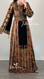 Load image into Gallery viewer, New Collections Gold Embroidery Elegant Velvet Palestinian Thoub
