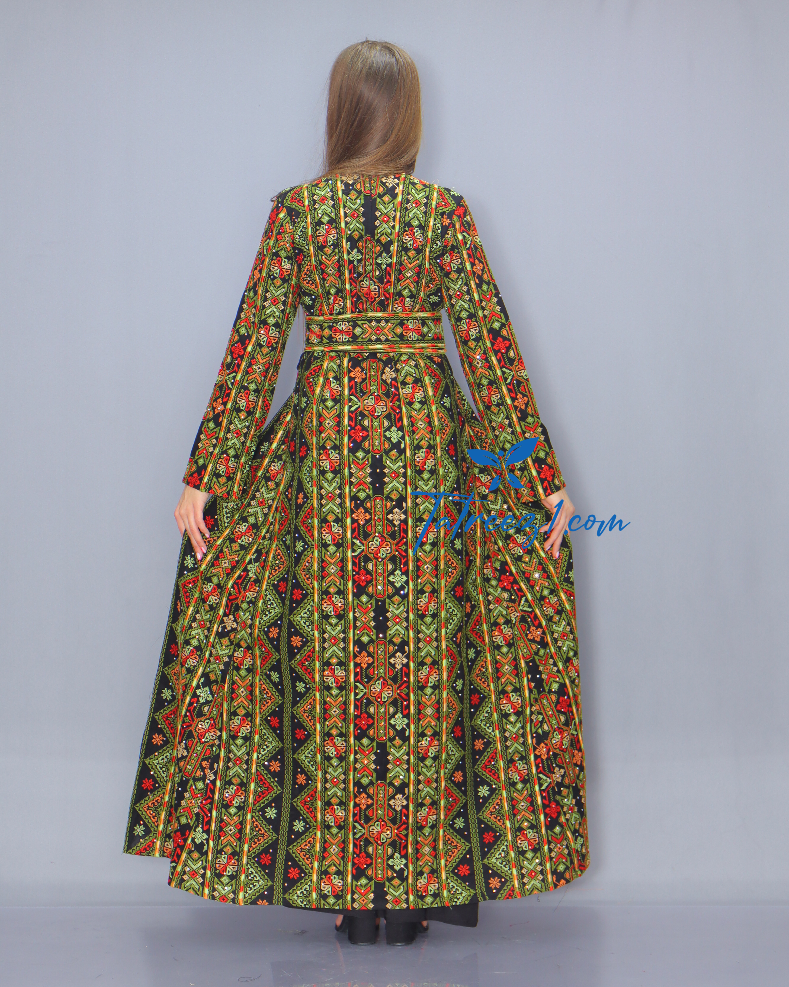 Green Color Fully Embroidery  Thoub Skirt Attached