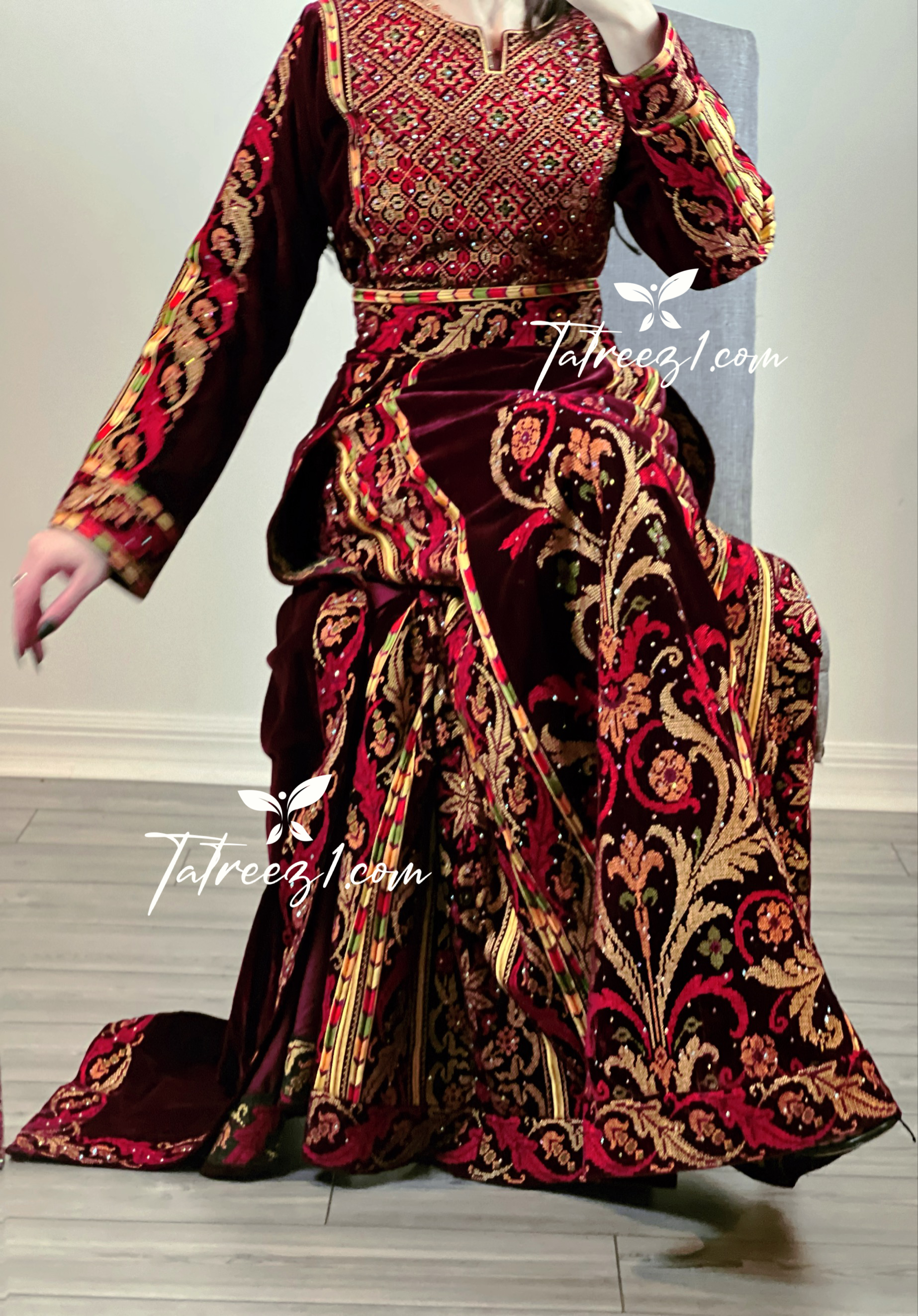 Maroon Stunning Velvet Thoub With Removable Skirt