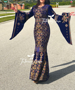 Blue Luxury Mermaid Embroidery Velvet Thoub