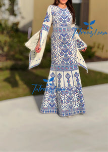 Cream Luxury Mermaid Blue Embroidery Velvet Thoub