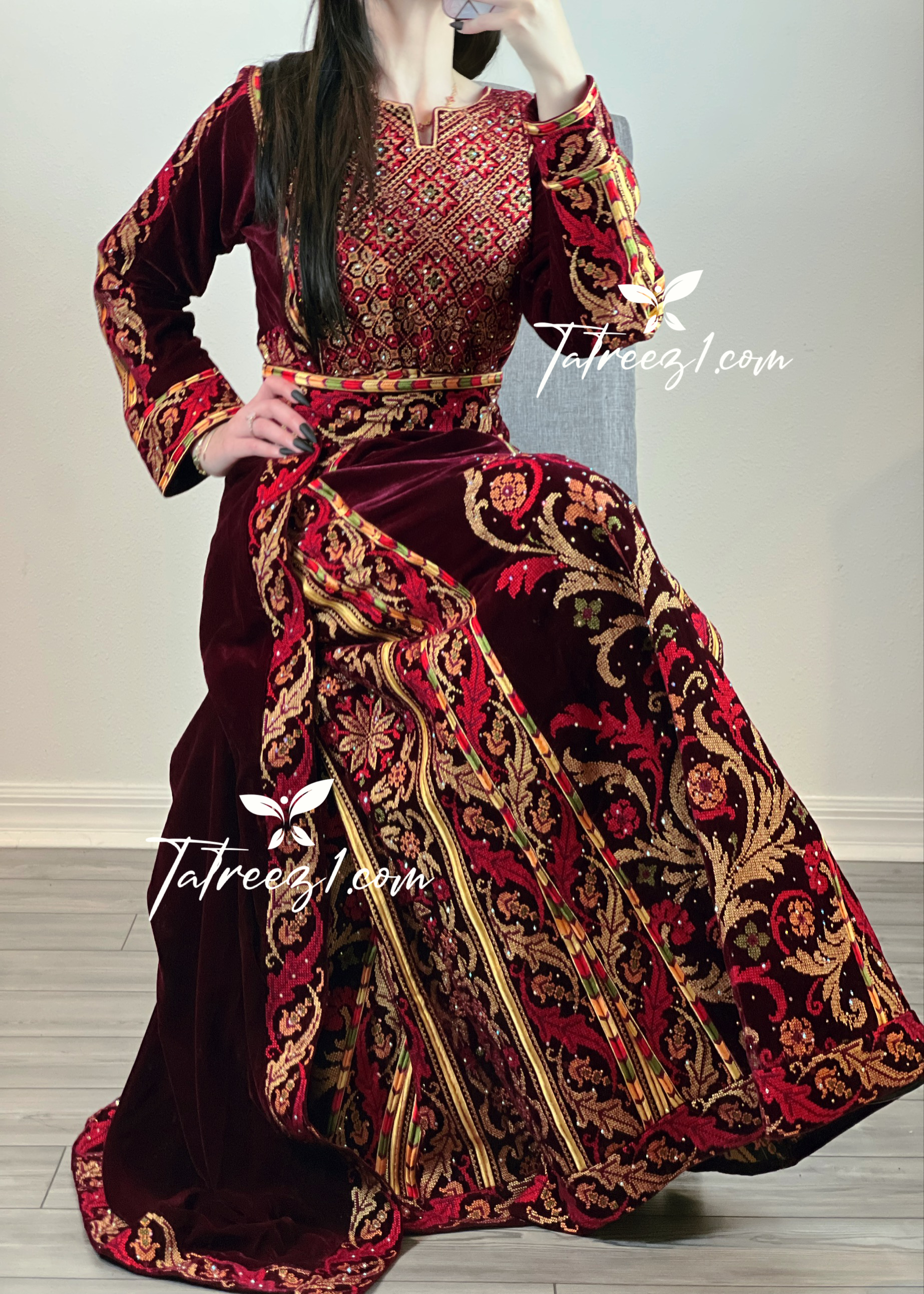 Maroon Stunning Velvet Thoub With Removable Skirt