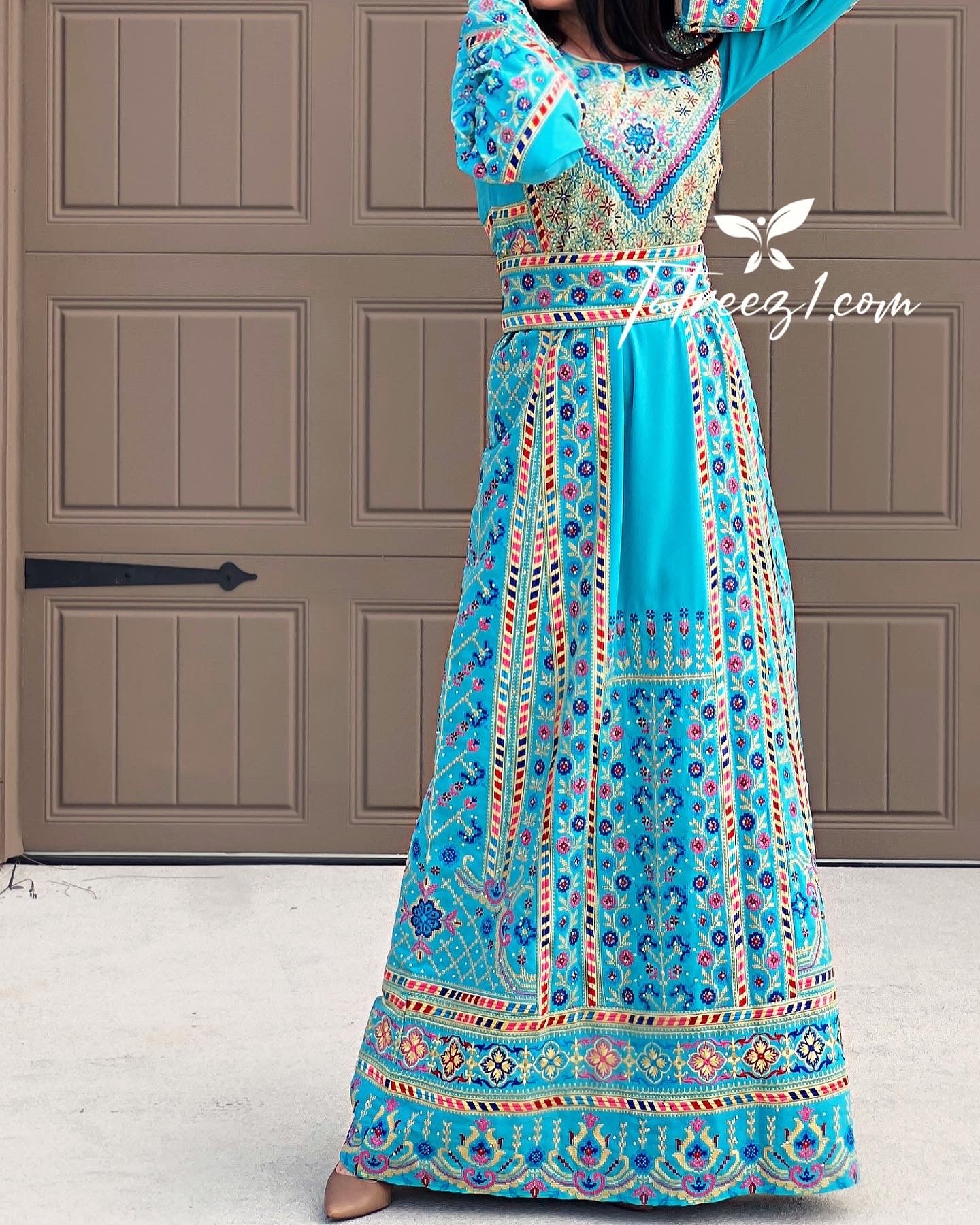 Turquoise Traditional Embroidery Thoub Stone Wide Sleeve Elegant