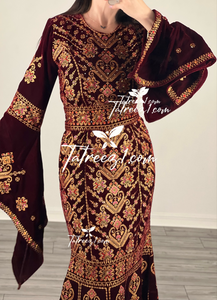 Maroon Luxury Mermaid Embroidery Velvet Thoub