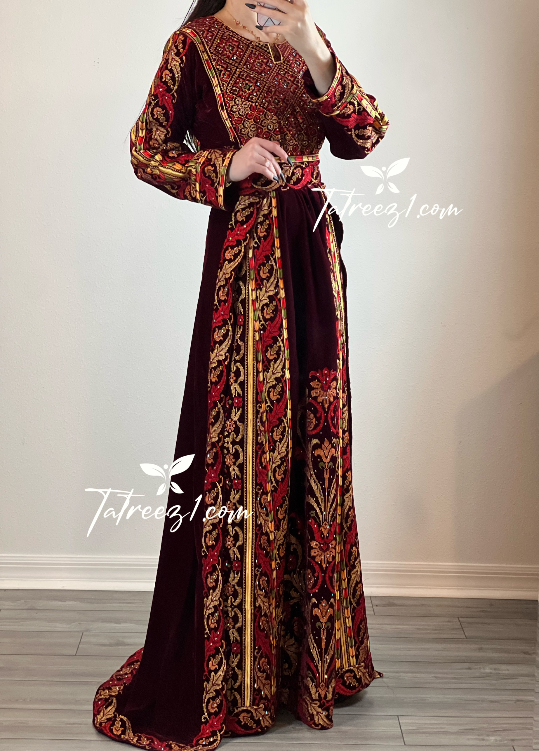 Maroon Stunning Velvet Thoub With Removable Skirt