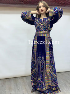 Blue Embroidery Velvet Stones  Long Thoub