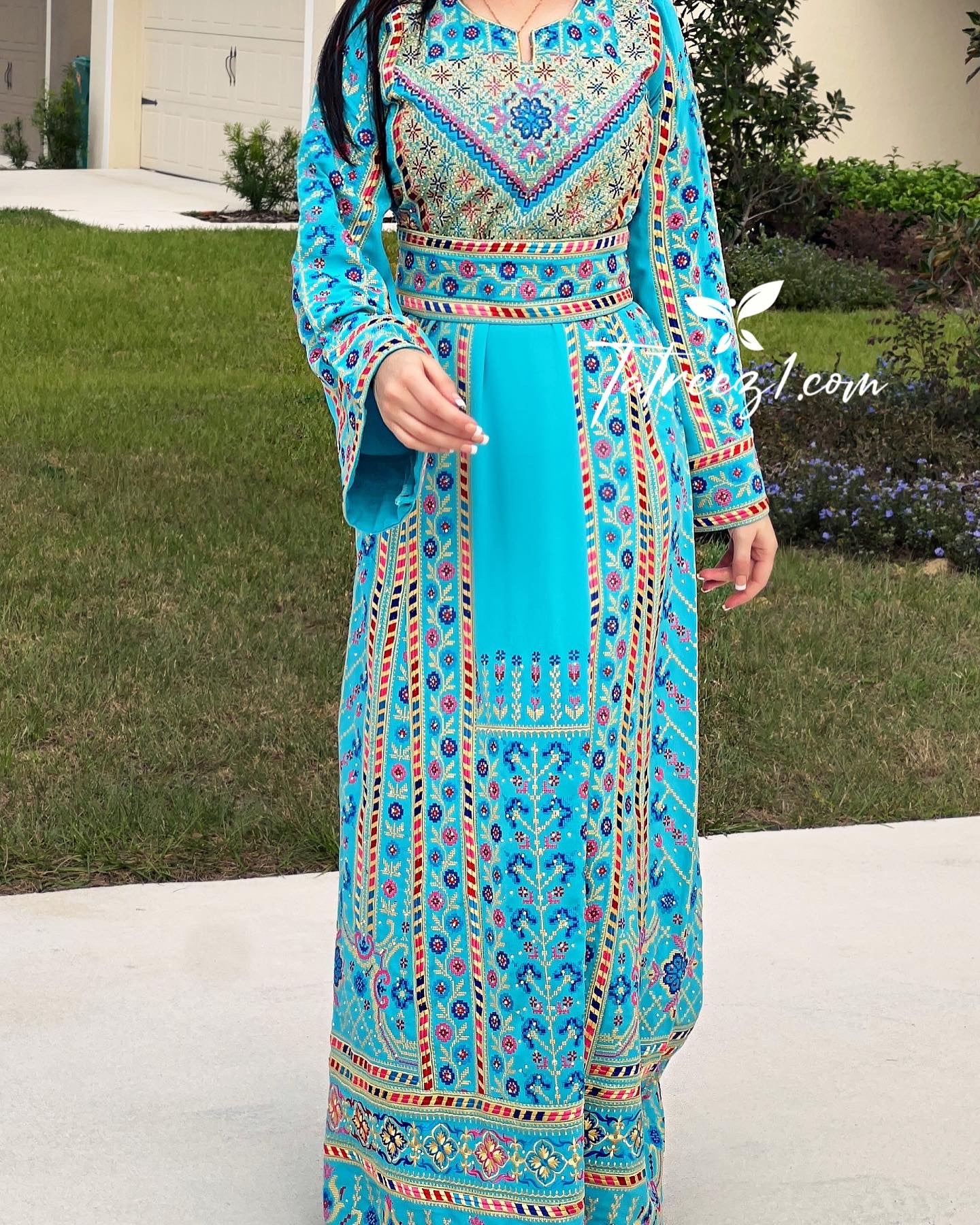 Turquoise Traditional Embroidery Thoub Stone Wide Sleeve Elegant