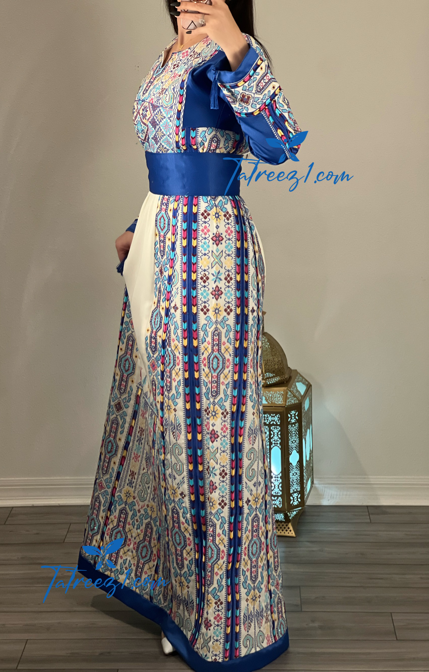 Blue Malacca Delicate Stone Embroidery Thobe with Reversible Satin Belt