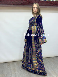 Blue Embroidery Velvet Stones  Long Thoub