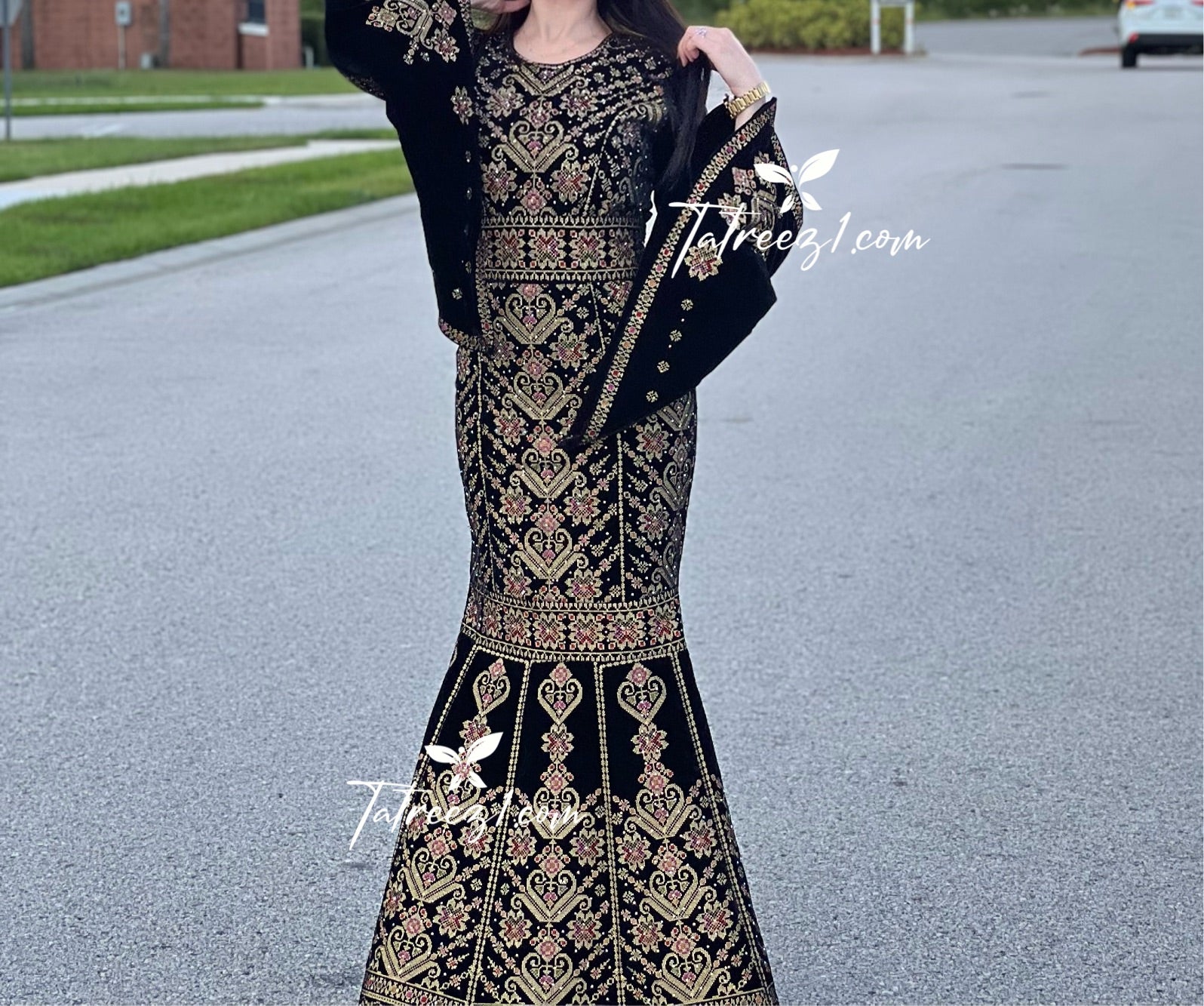 Black Luxury Mermaid Gold Embroidery Velvet Thoub