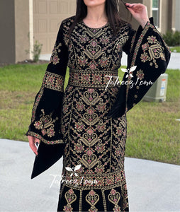 Black Luxury Mermaid Gold Embroidery Velvet Thoub