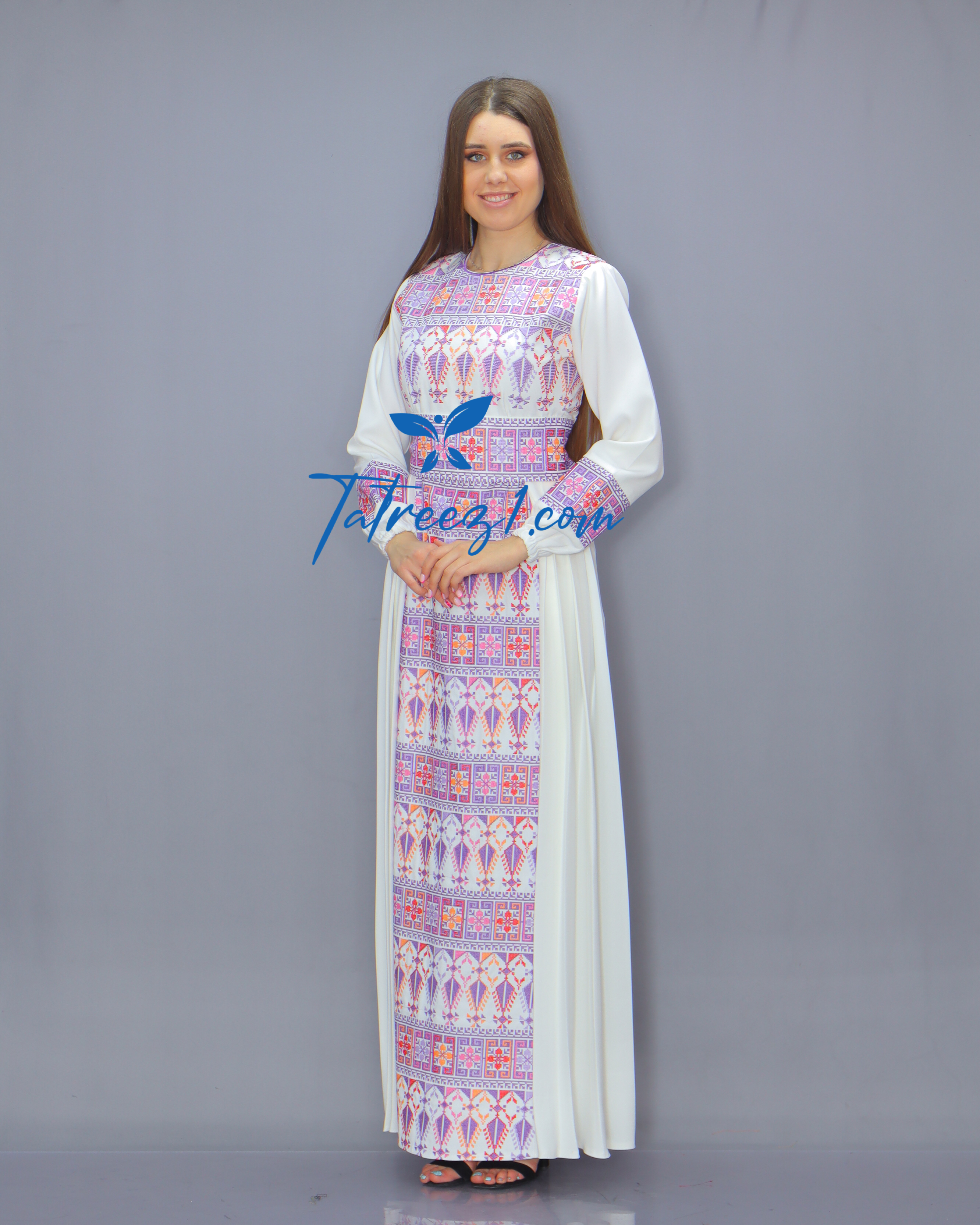 Purple Simple Modest Embroidered Long Dress