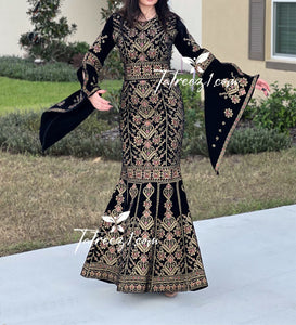 Black Luxury Mermaid Gold Embroidery Velvet Thoub