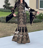 Black Luxury Mermaid Gold Embroidery Velvet Thoub