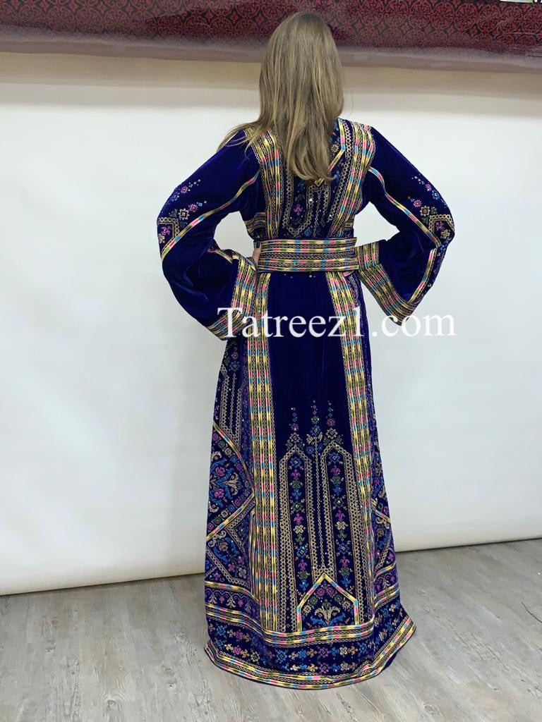 Blue Embroidery Velvet Stones  Long Thoub