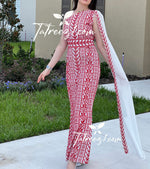 Load image into Gallery viewer, White &amp; Red Stunning  One Shoulder Fully Embroidery Long Dress
