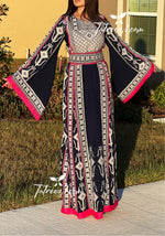 Load image into Gallery viewer, Navy Embroidery Qasab Thoub  Wide Sleeve Elegant with Reversible Belt
