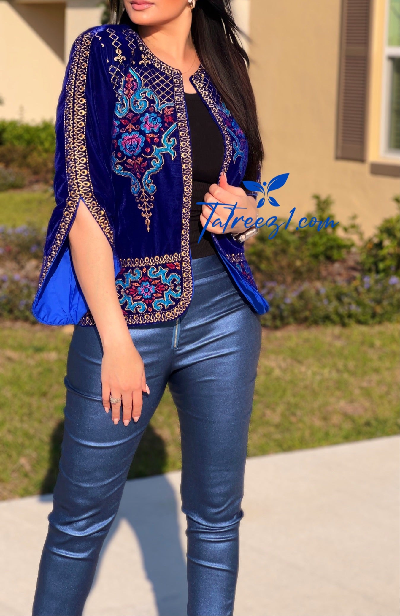 Velvet Royal Blue Short jacket Embroidery with brilliant hues