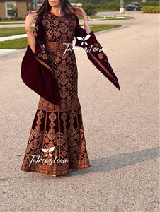 Maroon Luxury Mermaid Embroidery Velvet Thoub