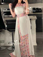 Load image into Gallery viewer, Off White Off Shoulder Floral Embroidered Overskirt Long Dress
