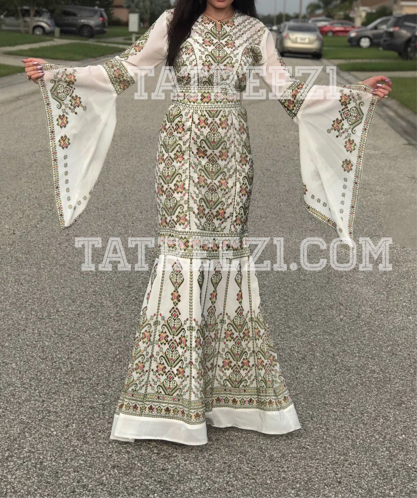 Miss Princess Off White With Green Embroidery Long Thoub Dress