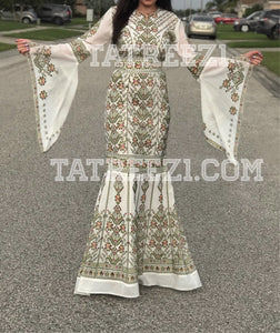 Miss Princess Off White With Green Embroidery Long Thoub Dress