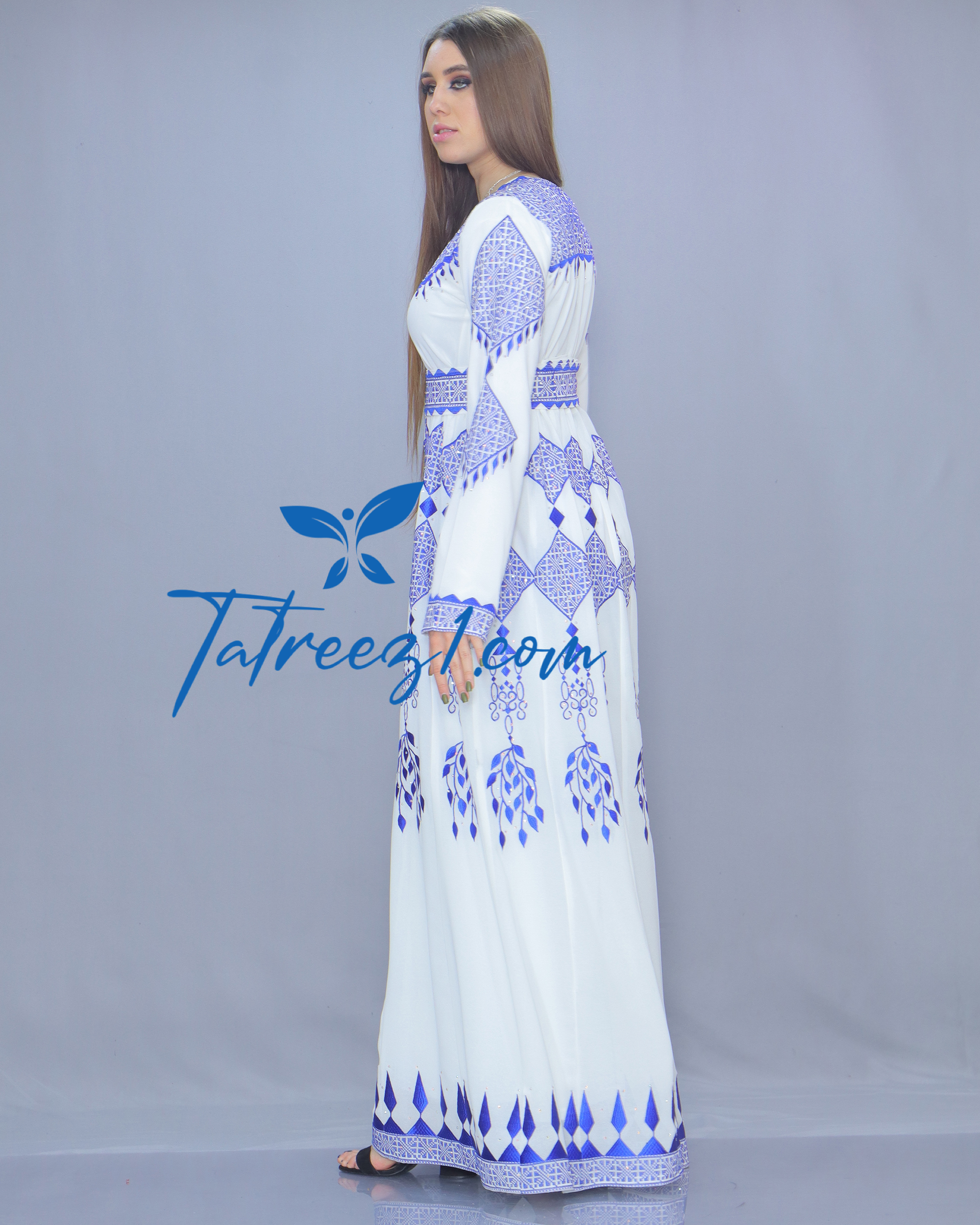 Stunning Chiffon White& Blue Embroidery Long Maxi Thoub