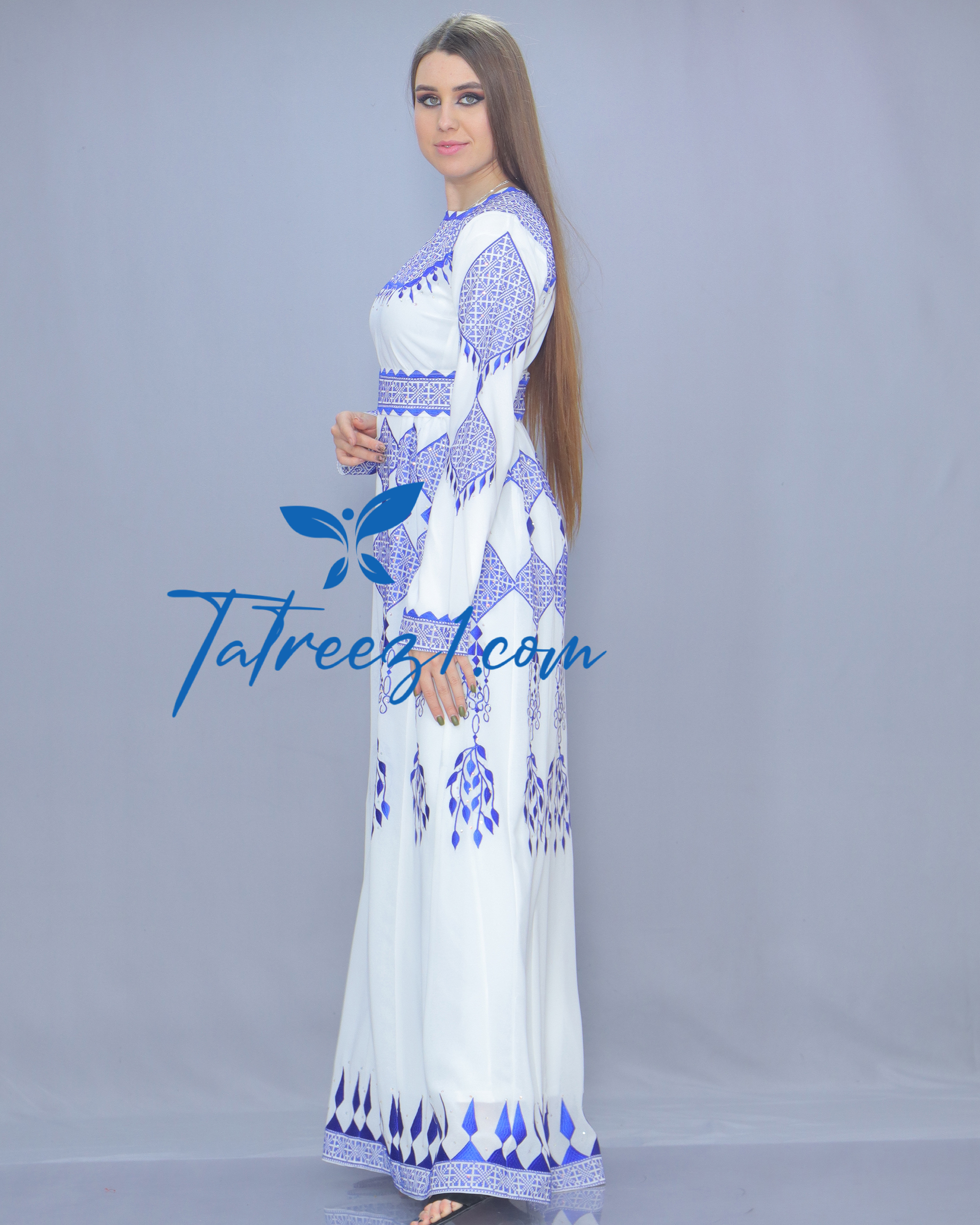 Stunning Chiffon White& Blue Embroidery Long Maxi Thoub