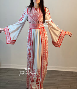 Traditional Red Embroidery Thoub Stone Wide Sleeve Elegant with Reversible Belt