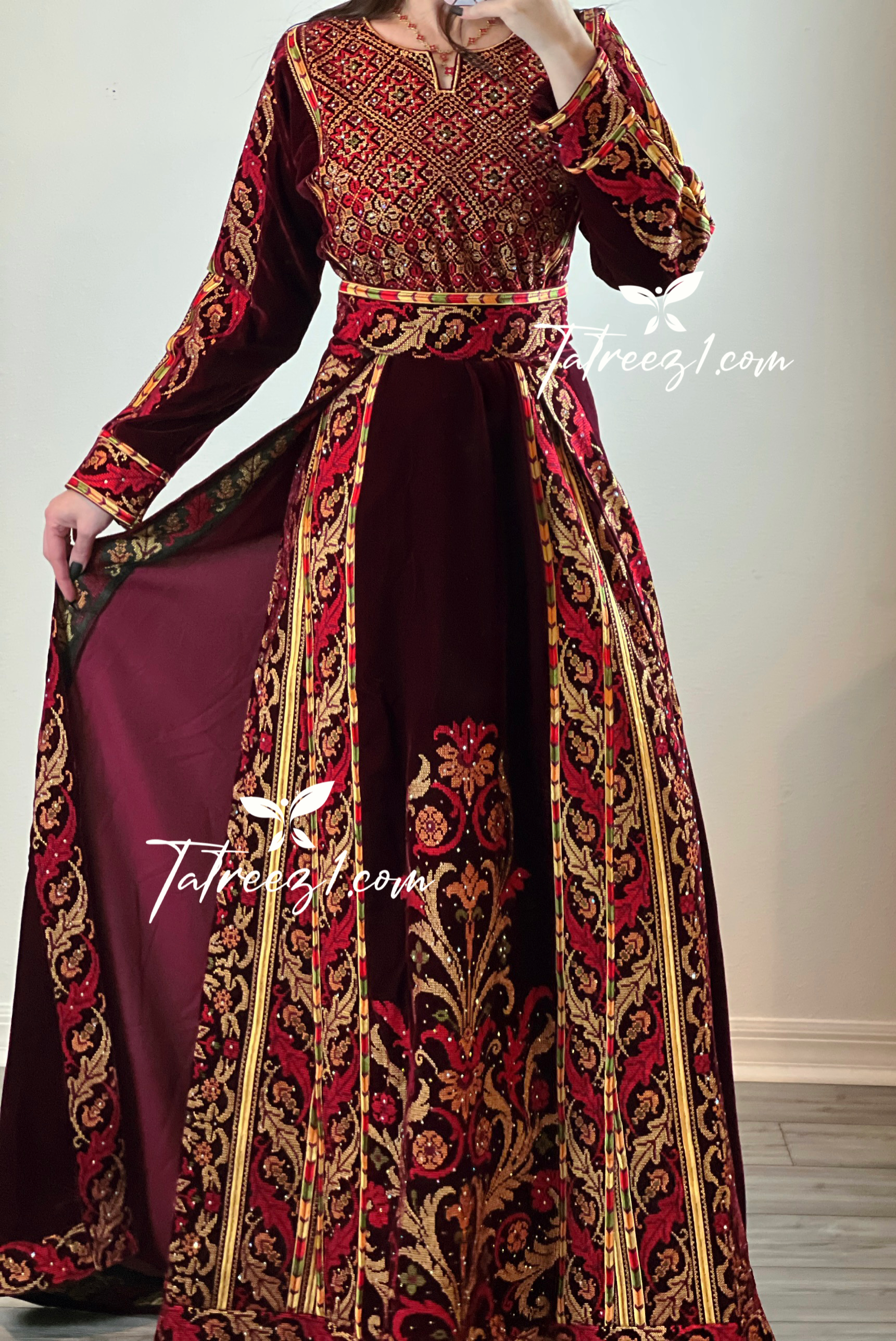 Maroon Stunning Velvet Thoub With Removable Skirt