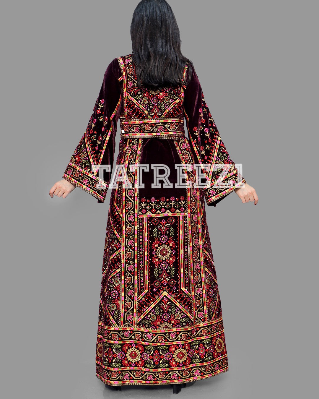 Dark Red Embroidery Elegant Velvet Stone Palestinian Thoub