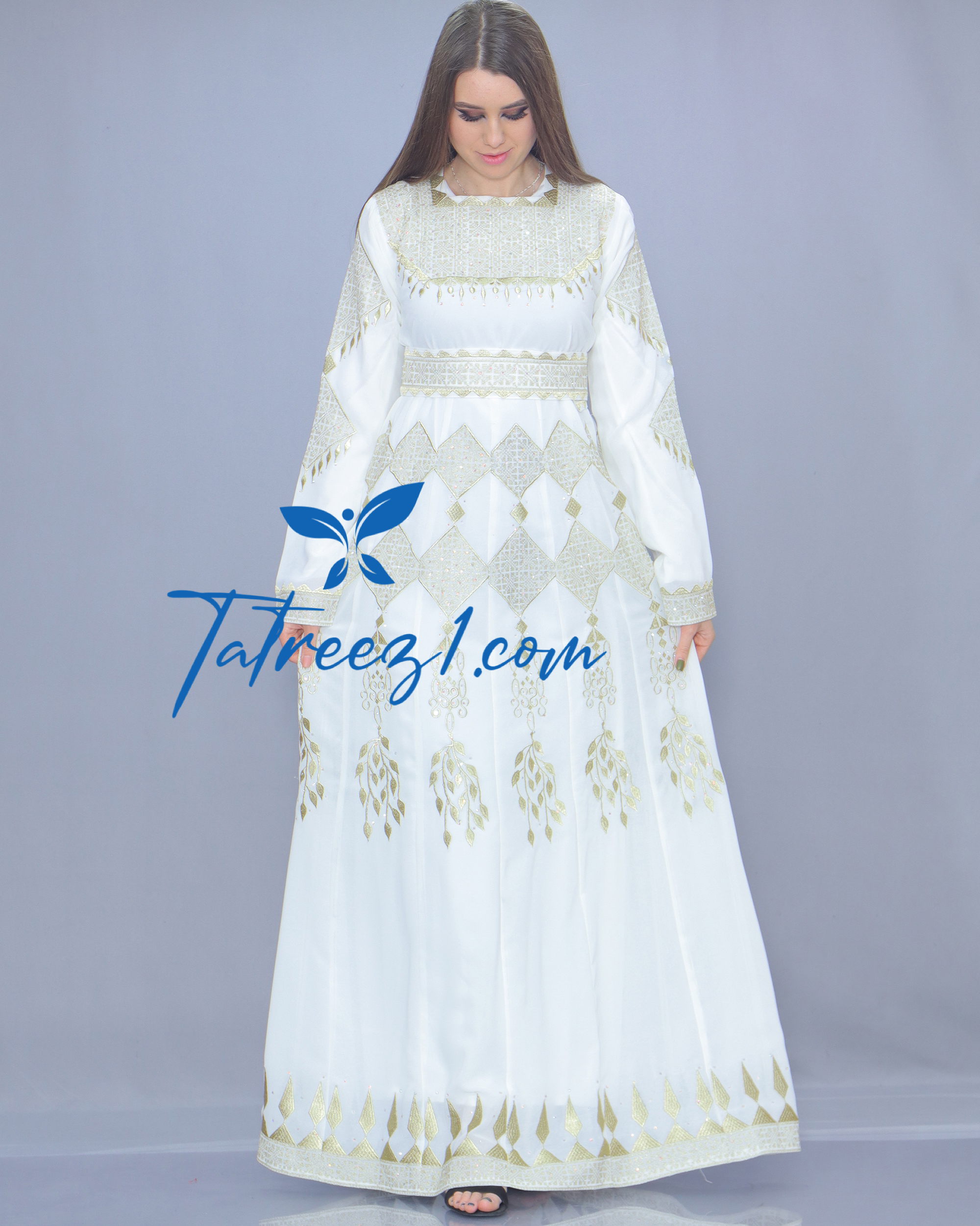 Stunning Chiffon White & Gold  Embroidery Long Maxi Thoub