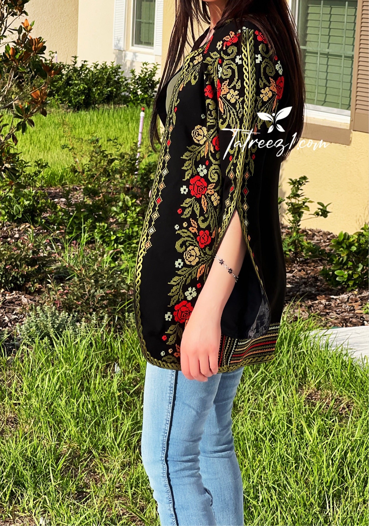 Stunning Long Jacket Red Flowers Embroidery